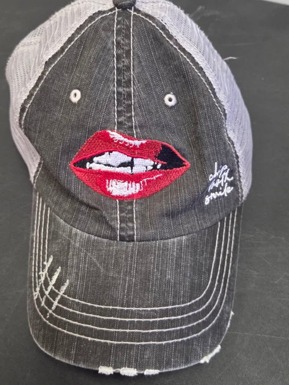 Chip Tooth Smile Distressed Trucker Hat Red Lips Mesh Back Womens Cap